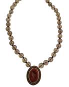 Split neck enhanced smoky quartz necklace is shown in Marsala intaglio and Red Bronze. Adjustable to 19". 