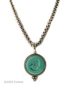 Opaque Mint green German glass intaglio.  18" medium weight  chain. Pendant is 1 1/4 inches (30mm) diameter. Shown in Silver Plate. 