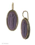From our classic Mythos Collection, a medium size earring in graceful oval shape. Simple decorative metal bezel surrounds our opaque Eggplant hand-pressed German glass cameo. This popular earring measures 1 inch tall and 1/2 inch wide. Shown in our signature bronze. Eggplant is a medium hue opaque purple color.