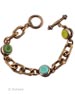 From our Marlene Collection, fun and elegant new bracelet with a mix of Spring green colors. Mint, Grass, and Acide green hand pressed German glass intaglios in a substantial linked chain. Nice weight, 7.5 to 8 inches in length. Each intaglio is 1/2 inch in diameter. Shown in Bronze, also available in Gold plate and Silver plate. Each bracelet made to order in the USA.