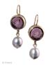 Our transparent Amethyst German glass intaglio in a drop earring. Very pretty glass lets light pass through, not quite opaque. With pale silvery taupe freshwater pearl drop. Small earring is 1/2 inch (10mm) diameter. Bronze. Each earring  made to order in the USA.