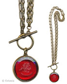 Convertible necklace gets a little fancy with two kinds of chain.  Shown here with "hand" toggle with a transparent Cherry German glass intaglio, and convertible bronze chain at 36 or 18 inches. Can be worn as one long 36 inch necklace, or doubled as an 18 inch necklace. Large pendant is 1 1/4 inch in diameter. 