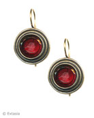 Clean and classic stepped bezel earrings. French hook with a transparent Cherry German glass intaglio. Cherry is a true red. The small earrings measure 5/8 inch in diameter. Shown in our signature bronze metal. 
