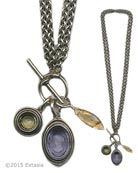 From our Scala Collection, two charms hang from a convertible necklace. Shown in Silver Plate. Transparent Periwinkle and Jonquil German glass intaglios hang from silver plated bronze chain. Semi precious faceted drop. Largest charm is 1 inch by 3/4 inch. Necklace can be worn as one single strand at 33 inches. Or it can be doubled and worn at 16 inches. Shown in Silver Plate over bronze metal. Also available in our signature bronze by request. Each necklace made to order in the USA from the worlds finest materials.