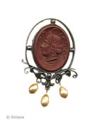 From our Victorian Garden collection, opaque Marsala German glass intaglio pin with freshwater pearl drops. Measures 2 1/2 inches by 1 3/8 inches. Shown in our signature Bronze metal. Each pin made to order in the USA from the world's finest materials.