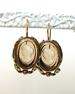 18/13 mm Smokey topaz intaglios hand made from gold-filled French hooks in Arts and Crafts setting with faux pearl accent