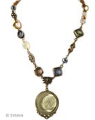 Our Arts and Crafts Collecton metalwork necklace in a transparent Jonquil German glass intaglio mix. A pretty Jonquil and Periwinkle blue combination.  Accented with smaller intaglios and freshwater pearls, and Czech glass beads. Shown in Bronze. 18 inch length, adjustable from 16 to 21 inches. 