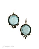 Aqua German glass intaglio in a classic earring from our Victoriana Collection. Transparent Aqua intaglio is one of our loveliest colors. Large earring is  almost 1 inch in diameter, and with a faux pearl accent. A large, yet lightweight earring. Shown in our signature bronze metal.