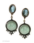 From our Victoriana collection, gorgeous clip drop earring in transparent Tourmaline and Aqua hand pressed German glass. The large statement earring measures 2 1/4 inches long by 1 inch wide. A clip, we think this is one of our most flattering and beautiful of earring styles!  Shown in our signature bronze. 
