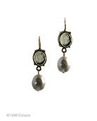 From our Victoriana Collection, a small transparent Black Diamond German glass intaglio earring, with freshwater pearl drop. Small intaglio measures under 1/2 inch tall; with pearl drop the earring measures 1 inch. A great neutral, Goes With Everything style. Shown in our signature bronze.