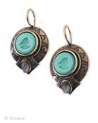  Our earrings measure just under 3/4 inch in diameter. Opaque Mint (Turquoise) hand pressed German glass intaglio in the center of the earring. Shown in our signature bronze metal. 