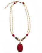 Double strands of pearl rosary 1" tall intaglio, 17" necklace length. Shown in Ruby and Red Bronze