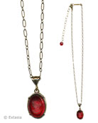 True red Cherry German glass intaglio necklace is 17 inches in length, adjustable to 20 inches. Pendant measures 7/8 by 5/8 inch. Shown in our signature Bronze metal. 