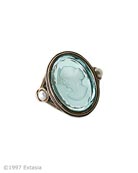 From our Victoriana Collection, a classic ring. Transparent Aqua German glass intaglio with genuine Freshwater Pearl accents. Ring face measures 3/4 inch in length. This is a pretty, and delicate ring with a slim ring shank. 