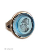 Hand pressed transparent Aqua German glass intaglio ring is 1 inch in diameter, and is considered a large ring. Simple split shank design. Each ring made to order in the USA.