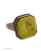 One of our larger rings, 3/4" (18mm) width, sits high on the finger. Beautiful opaque Acide German glass intaglio. This is a bold ring! Bronze. rn