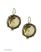 From our Chloe Collection, our pretty Jonquil colored hand-pressed German glass intaglio earring. Delicate round metal setting, with faux pearl accent, this medium size earring measures 3/4 inch in diameter. Shown in our signature bronze. 