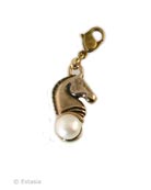 The stylized horse and pearl charm measures just over 3/4 inch long. Attachable with lobster closure at the top, to either your own chain, or one of ours available from our website.  Each charm made to order in the U.S.A.