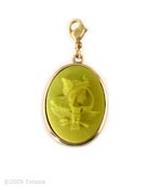 Our largest charm measures 1 1/4 by 1 inch. Shown in opaque Acide green, our hand-pressed German glass cameo in a clean and elegant Bronze metal setting.  Comes with lobster closure to easily attach to your own bracelet or necklace, or one of ours. 