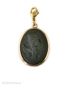 Our largest charm measures 1 1/4 by 1 inch. Shown in opaque Jet, our hand-pressed German glass cameo in a clean and elegant Bronze metal setting. Comes with lobster closure to easily attach to your own bracelet or necklace, or one of ours. 