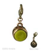 From our Charm Collection, versatile domed charm, with an intaglio front, and metal leaf back. (Can be worn front or backwards.) Small charm is 1/2 inch diameter. Opaque Acide hand pressed German glass intaglio. Acide is a chartreuse green, a wonderful bright color for Fall or Spring! Attachable with lobster closure at the top, to either your own chain, or one of ours available from our website. Create your own charm bracelet or charm necklace! In our signature bronze metal. Each charm made to order in the U.S.A. 