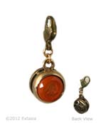 From our Charm Collection, versatile domed charm, with an intaglio front, and metal leaf back. (Can be worn front or backwards.) Small charm is 1/2 inch diameter. Opaque Pumpkin hand pressed German glass intaglio. Pumpkin is a rich Fall orange. Darling little charm. Attachable with lobster closure at the top, to either your own chain, or one of ours available from our website. Create your own charm bracelet or charm necklace! Available in other colors by request. In our signature bronze metal. Each charm made to order in the U.S.A. 