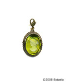 From our Charm du Jour Club. Our transparent Moss green German glass intaglio charm is 1 1/8 by 7/8 inch. Attachable with lobster closure at the top, to either your own chain, or one of ours available from our website. Create your own charm bracelet or charm necklace! In our signature bronze metal.