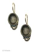 Transparent Black Diamond German glass intaglio earring.  A smaller earring, just under 1/2 inch tall. Flattering for any coloring, blonde or brunette. Faux pearl accent. Shown in our signature Bronze metal. 