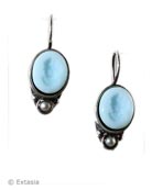 In Silver Plate, opaque Pale Blue German glass intaglio earring. A smaller earring, just under 1/2 inch tall. Faux pearl accent. Flattering for any coloring, blonde or brunette. 