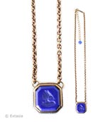 Opaque Lapis German glass intaglio necklace. Shown in bronze metal, the medium size pendant is 7/8 inch wide. Bronze chain is 17 inches, adjustable to 20 inches. 