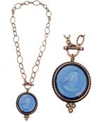 From our Daughters of Dust Collection, easy to wear chain necklace with our stunning transparent Sapphire German glass intaglio. Pendant measures 1 1/4 inch (30mm) in diameter, chain is 18 inches. Shown in Bronze.