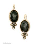 From our Elizabeth Collection, in a classic black & white color combination for our elegant bestselling medium size earring. Opaque Jet hand pressed German glass intaglio. Earring measures 1 1/4 length, to the bottom of the pearl cluster, by 1/2 inch wide. Faux pearls. In our signature bronze metal. 