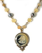 Stunning freshwater pearl and Czech glass necklace with opaque Slate German glass intaglio pendant. Pendant is 1 1/4 inch diameter. Length, 17 inches. Bronze. One of our prettiest Fall necklaces.