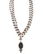 Oval intaglio necklace with 3 accent stones on triple strand of rosary Shown in Jet with Jet accents rn