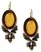 Acorn motif pressed into these glass 18/13 mm intaglio earrings set in Red Bronze with acorn and oak leaf  in metal. 
