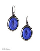 In Silver Plate, from our Fleur de Lys Collection, this medium sized German glass intaglio earring in new opaque Lapis is a classic and popular choice.  Intaglio is 5/8 inch tall by 3/8 inch. (14/10mm) French hook. Shown in Silver Plate metal finish, also available in signature Bronze. Each earring made to order in the USA from the world's finest materials.