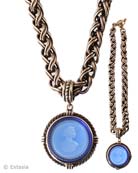 Transparent Sapphire Blue German glass intaglio in our large 1 1/2 inch diameter pendant. The substantial chain necklace is 18 inches in length. A Goes With Everything piece. Shown in our signature bronze. Each necklace made to order in the USA.