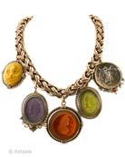 Ochre, Amethyst, Madeira and Moss Green hand pressed German glass intaglios and cameos. Gorgeous color combination! Substantial bronze chain. Largest pendant is 1 3/4 inches diameter. 17 inch length. 