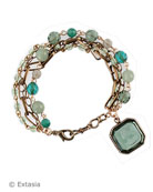 Tourmaline 3/4 inch octagon intaglio charm adorns a mixed chain and bead single charm bracelet, shown in transparent Tourmaline German glass intaglio. Mixed semi precious and vintage glass beads. Bronze metal, each bracelet made to order in the USA from the worlds finest materials.