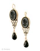 From our Mythos Collection, a classic drop earring in our opaque Jet German glass intaglio. Jet drop. Earring measures 2 inches in length. Intaglio stone is 1/2 inch wide by 3/4 inch long. Shown in our signature bronze.