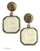 Classic ivory, and very wearable. From our Mythos Collection, two part post drop earring in an opaque Ivory German glass intaglio. Ivory is one of those colors so flattering to any skin tone. Shown in our  Bronze metal, with a lovely metal rosette post top, this is a large earring measuring 1 7/8 long by 7/8 wide. 