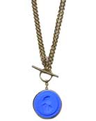 Our French Blue German glass convertible necklace. Can be worn long at 34 inches, or doubled at 17 inches. Perfect for any season, in French Blue and Red Bronze. Large pendant is 1 1/2 inches in diameter. 
