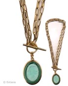 One of our most popular new styles, Seafoam green German glass cameo stone is featured in a convertible style necklace. Wear it long at 33 inches or doubled at 17 inches with front toggle. 