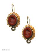 Opaque Marsala German glass intaglio is surrounded by topaz color glass bead surround. Small earrings measure just under 3/4 inch tall. Small faux pearl accent. Marsala is a deep brick color. Shown in our signature Bronze metal. 