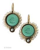 Our darling small earring with beaded freshwater pearl surround. Opaque Mint German glass intaglio with pearl seed beads. We love this earring! Mint is a beautiful turquoise green. Earring measures 1/2 inch in diameter. Shown in Bronze, French hook. 