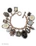 Our over the top charm bracelet. Shown here in a classic mix of Blacks,Grays and Whites. 15 hand pressed German glass cameos and intaglios and cameos. Measures almost 8 inches in length. Largest charm is 1 1/4 by 7/8 inch. Bronze, each bracelet made to order in the USA from the worlds finest materials.