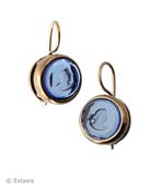 Our small Marlene round earring in transparent Sapphire German glass intaglio. Classic, simple, perfect for daytime, with a white blouse, or eveningwear! Sapphire is a denim blue color, very pretty for all Seasons. Small earring measures just 1/2 inch in diameter. French hook. shown in our signature bronze metal. 