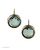 Shown in transparent Aqua German glass intaglio. A beautiful new blue for any occasion, in a clean modern metal setting. Medium earring measures 3/4 diameter. Shown in Bronze. 