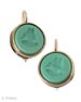 Shown in opaque Mint hand pressed German glass intaglio. Mint is a turquoise shade, in a clean modern metal setting. Medium earring measures 3/4 diameter. Shown in Bronze. Email or call for other available colors.  