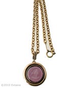From our Marlene Collection, a strong and clean necklace design in transparent amethyst. Hand pressed German glass intaglio is set in a substantial pendant, 1 1/2 inches in diameter. Medium weight bronze chain is fashionably long, at 26 inches, One of our most popular new necklaces of the season. Very handsome. Gorgeous amethyst color. More color choices available!